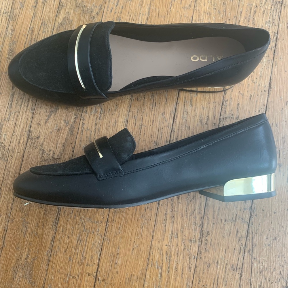 Aldo Elegant Black Loafers with Metallic Gold Detail